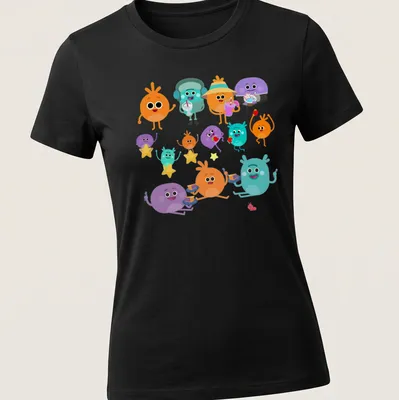 Kawaii style t-shirt with colorful cartoon characters enjoying drinks — printed on a women's shirt
