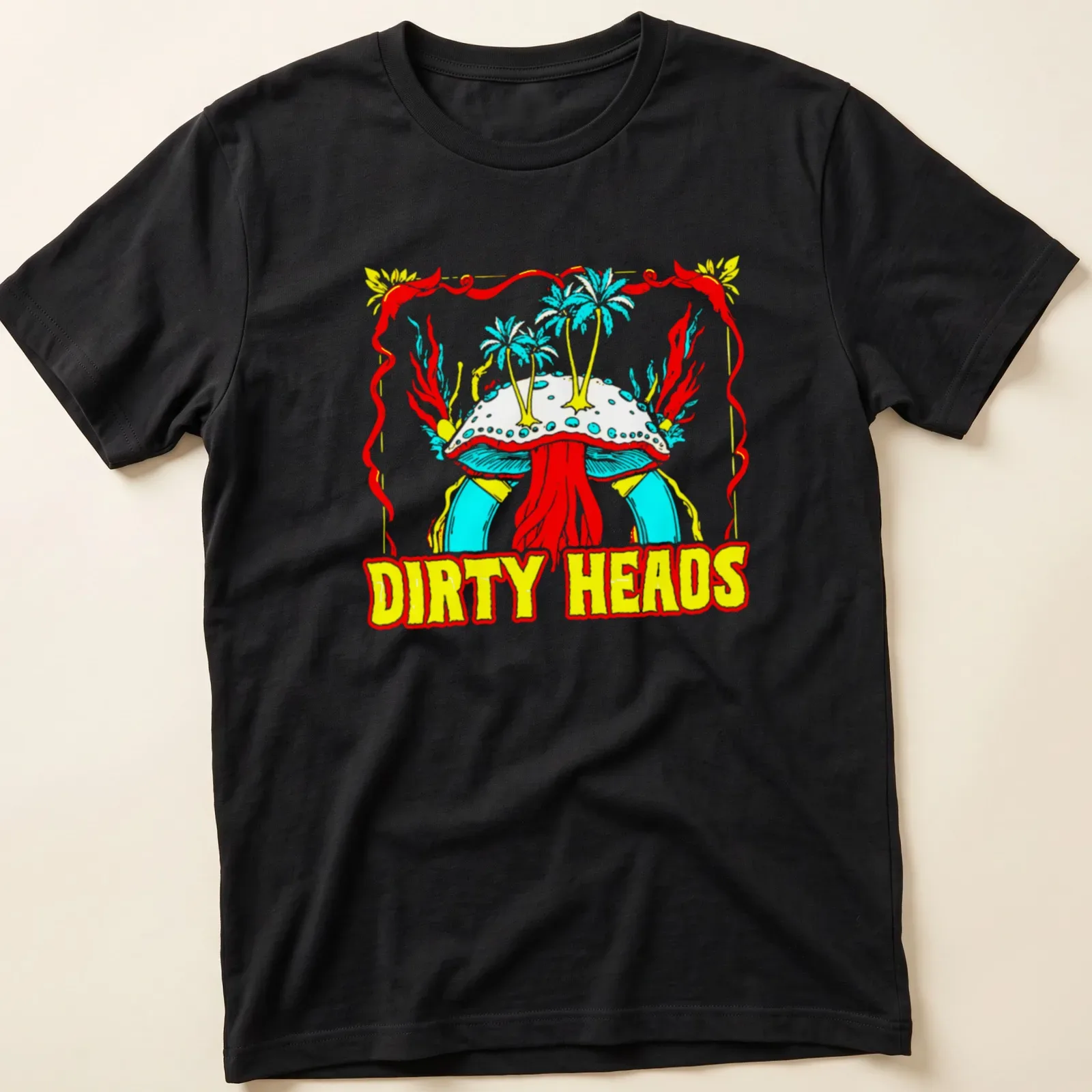 Vibrant reggae-style shirt featuring a colorful mushroom and Dirty Heads text. — printed on a unisex t-shirt