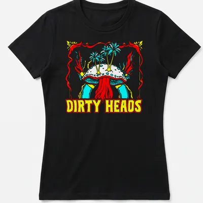 Vibrant reggae-style shirt featuring a colorful mushroom and Dirty Heads text. — printed on a women's shirt
