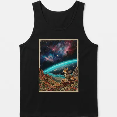 Corgi racing T-shirt featuring a cosmic horizon with vibrant colors — printed on a tank top