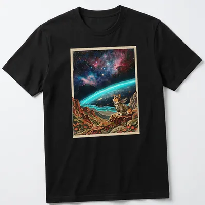 Corgi racing T-shirt featuring a cosmic horizon with vibrant colors
