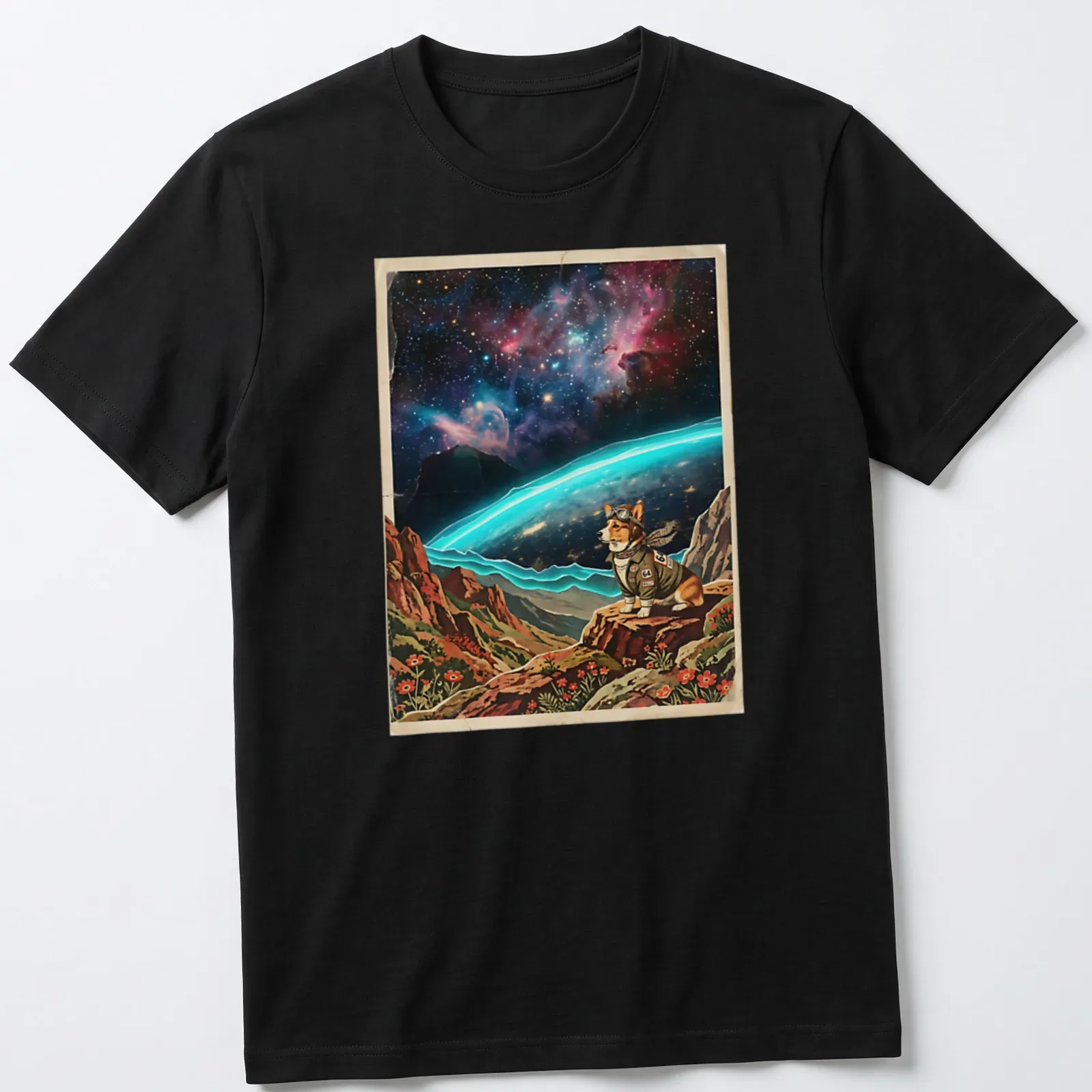 Corgi racing T-shirt featuring a cosmic horizon with vibrant colors — printed on a unisex t-shirt