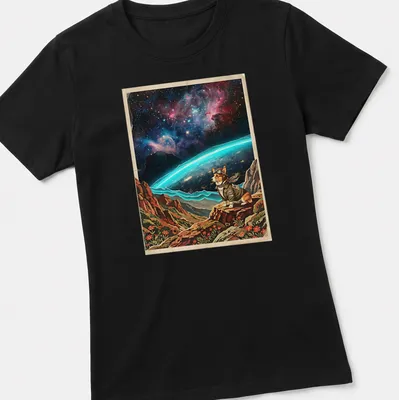 Corgi racing T-shirt featuring a cosmic horizon with vibrant colors — printed on a women's shirt