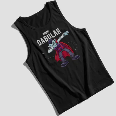 Cartoon dabbing vampire shirt featuring the text Count Dabular in red and black. — printed on a tank top