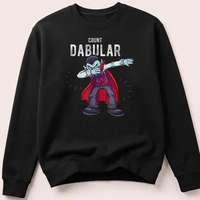 Cartoon dabbing vampire shirt featuring the text Count Dabular in red and black. — printed on a unisex sweatshirt