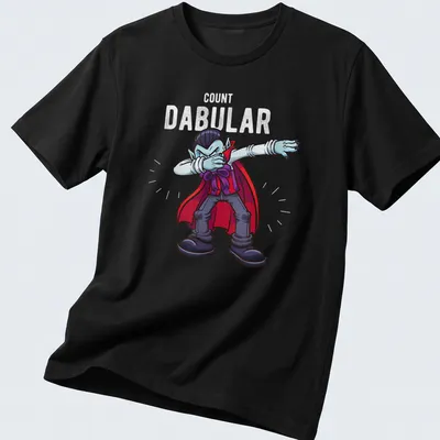 Cartoon dabbing vampire shirt featuring the text Count Dabular in red and black.