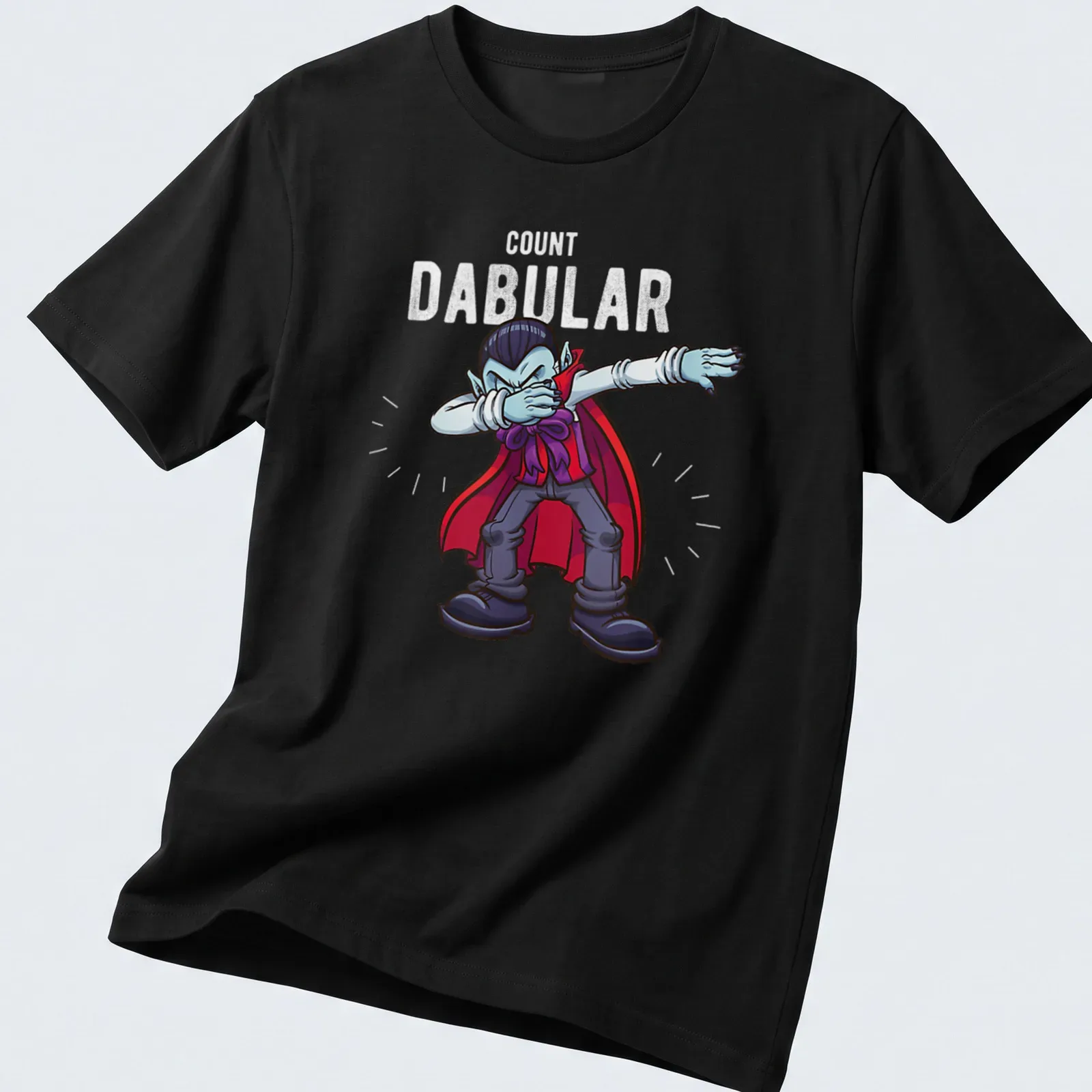 Cartoon dabbing vampire shirt featuring the text Count Dabular in red and black. — printed on a unisex t-shirt