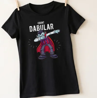 Cartoon dabbing vampire shirt featuring the text Count Dabular in red and black. — printed on a women's shirt