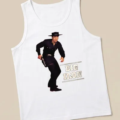 Vintage silhouette of a cowboy with 'BIG IRON' printed above — printed on a tank top