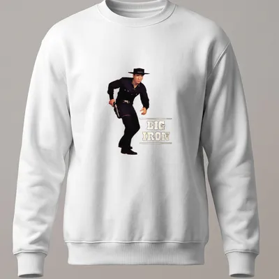 Vintage silhouette of a cowboy with 'BIG IRON' printed above — printed on a unisex sweatshirt