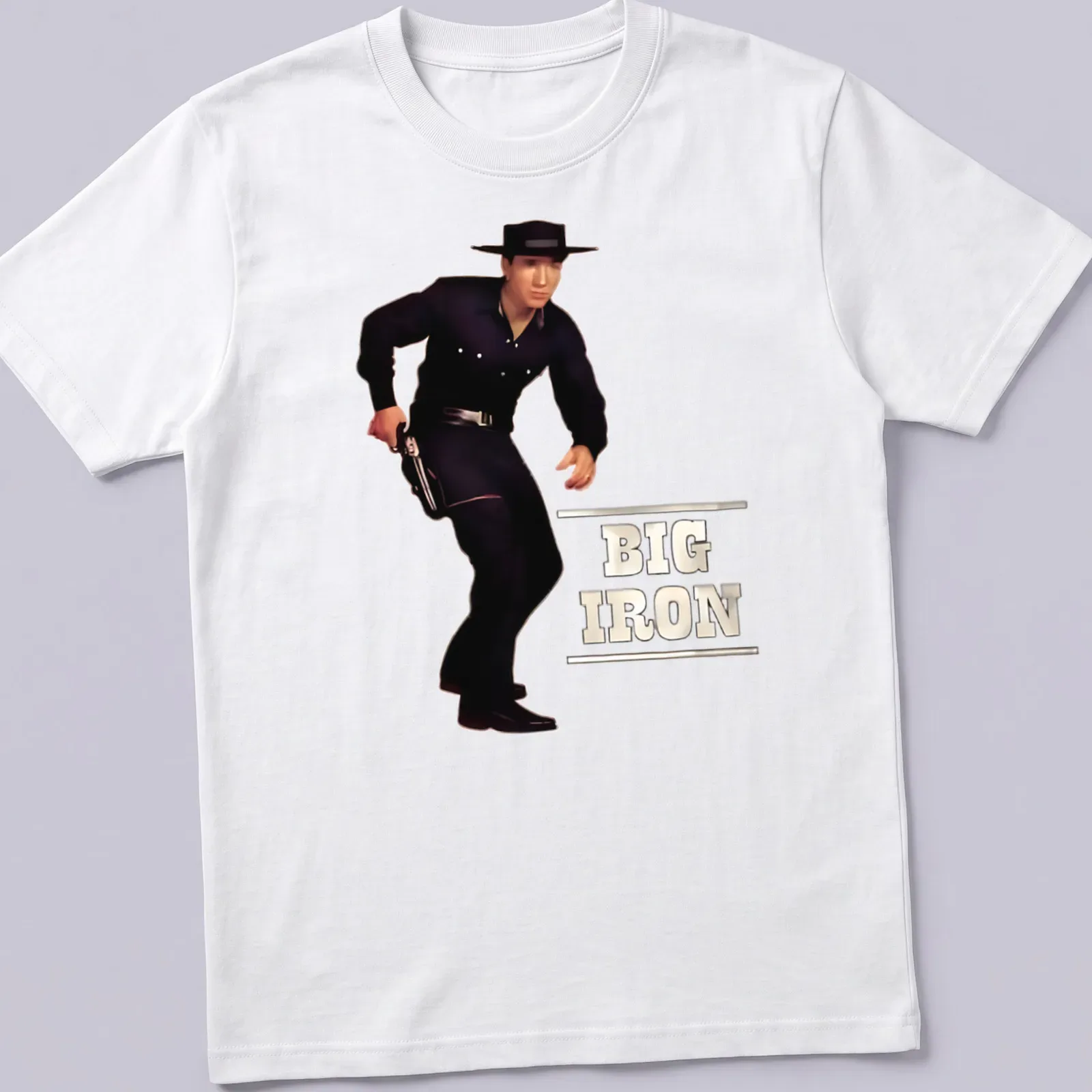 Vintage silhouette of a cowboy with 'BIG IRON' printed above — printed on a unisex t-shirt