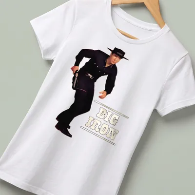 Vintage silhouette of a cowboy with 'BIG IRON' printed above — printed on a women's shirt