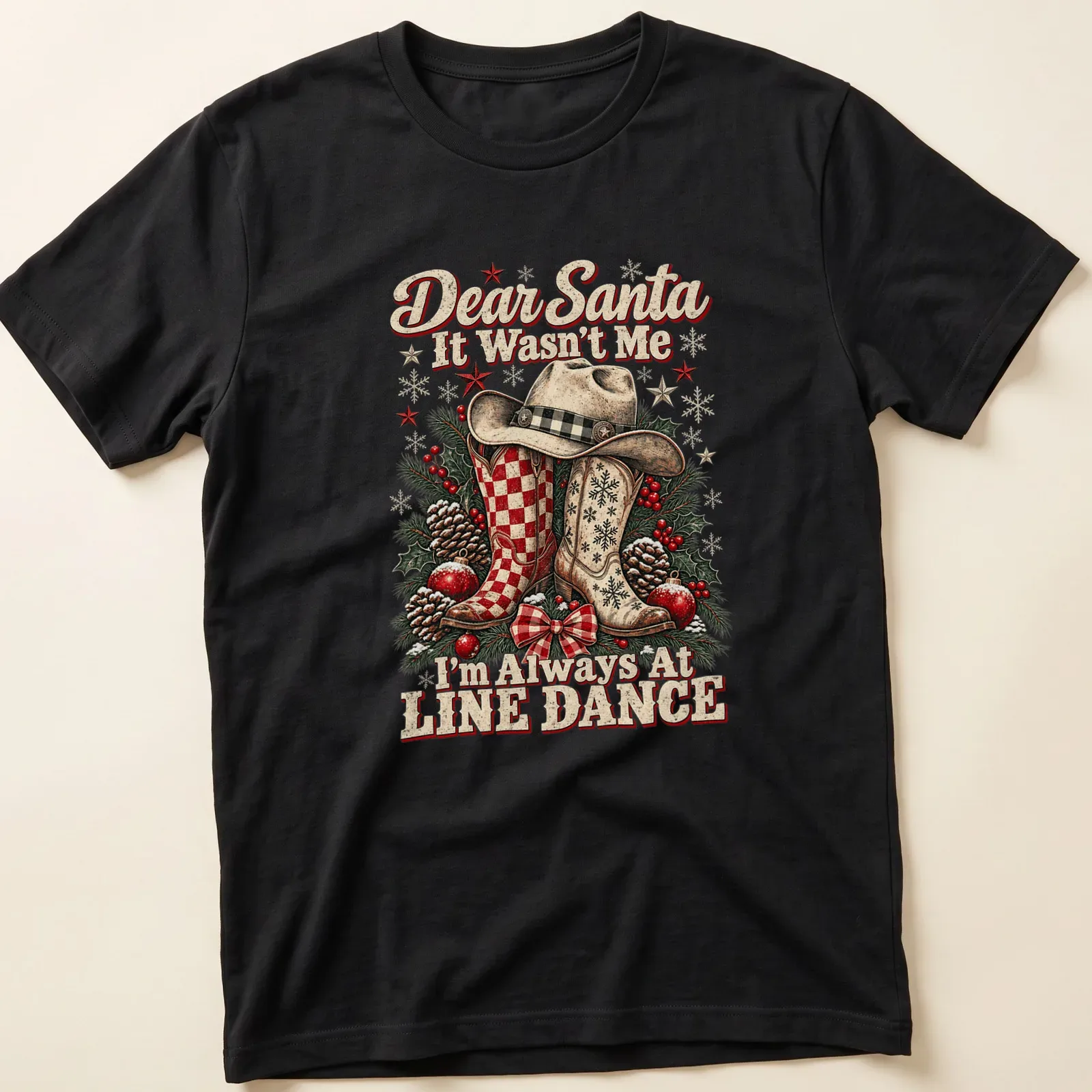 Vintage western style T-shirt with cowboy boots and humorous Christmas text — printed on a unisex t-shirt