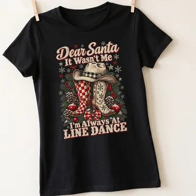 Vintage western style T-shirt with cowboy boots and humorous Christmas text — printed on a women's shirt