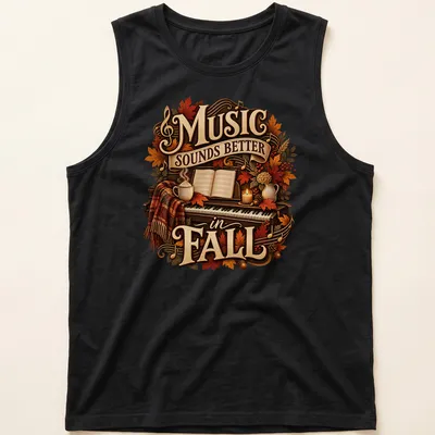 Vintage autumn-themed tee with piano, leaves, and text about music — printed on a tank top