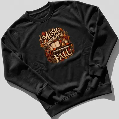 Vintage autumn-themed tee with piano, leaves, and text about music — printed on a unisex sweatshirt