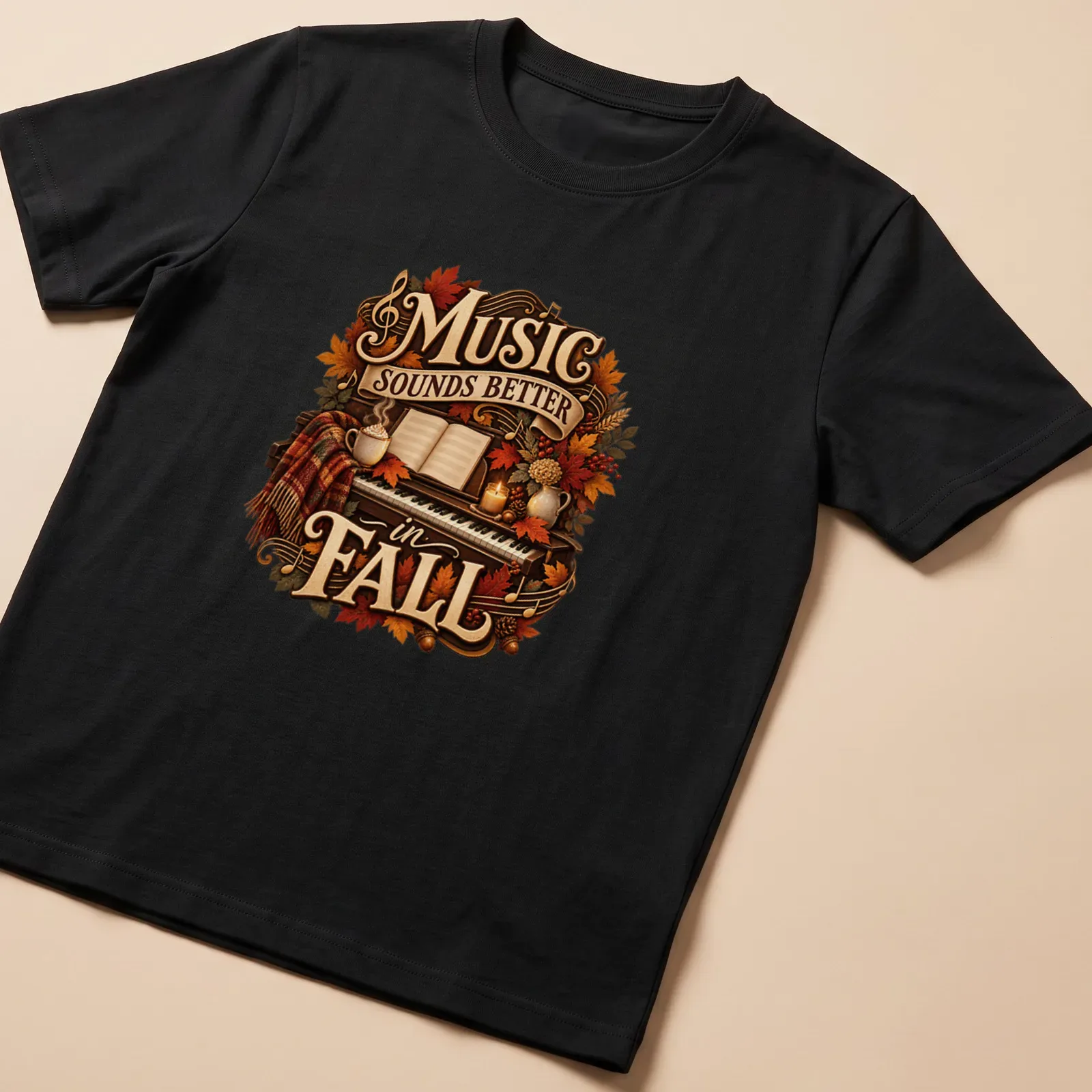 Vintage autumn-themed tee with piano, leaves, and text about music — printed on a unisex t-shirt