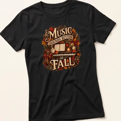Vintage autumn-themed tee with piano, leaves, and text about music — printed on a women's shirt
