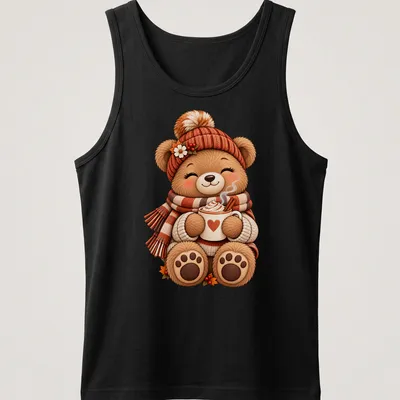 Kawaii illustration of a cozy teddy bear with coffee, featuring warm autumn colors — printed on a tank top