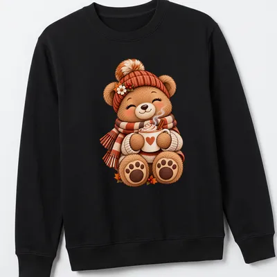 Kawaii illustration of a cozy teddy bear with coffee, featuring warm autumn colors — printed on a unisex sweatshirt