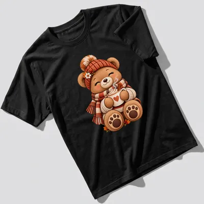 Kawaii illustration of a cozy teddy bear with coffee, featuring warm autumn colors