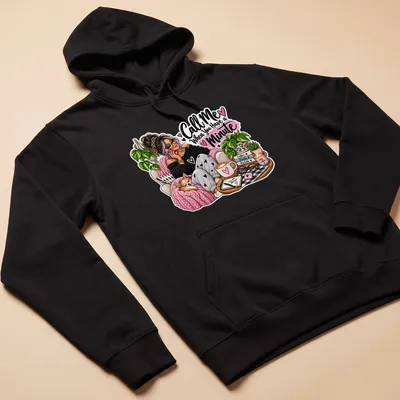 Illustration of a cozy mom holding a dog with the text 'Call Me When You Have a Minute' — printed on a unisex hoodie