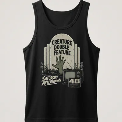 Vintage horror t-shirt featuring a zombie hand and retro television design — printed on a tank top