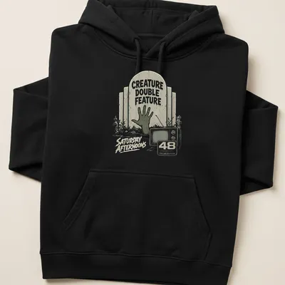Vintage horror t-shirt featuring a zombie hand and retro television design — printed on a unisex hoodie