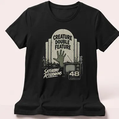 Vintage horror t-shirt featuring a zombie hand and retro television design — printed on a women's shirt