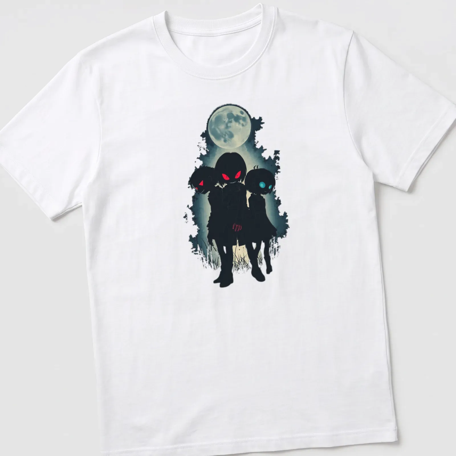 Anime vampire children illustration against a full moon in a creepy cute style — printed on a unisex t-shirt