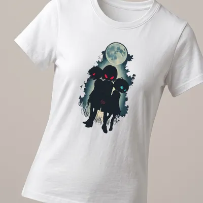 Anime vampire children illustration against a full moon in a creepy cute style — printed on a women's shirt
