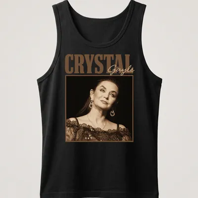 Vintage portrayal of Crystal Gayle in warm tones with her name printed — printed on a tank top