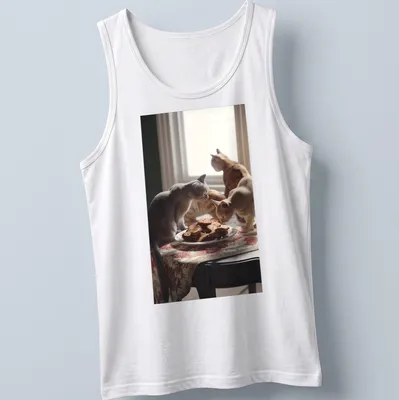 Realistic print of curious cats around a plate of cat-shaped cookies — printed on a tank top