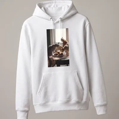 Realistic print of curious cats around a plate of cat-shaped cookies — printed on a unisex hoodie