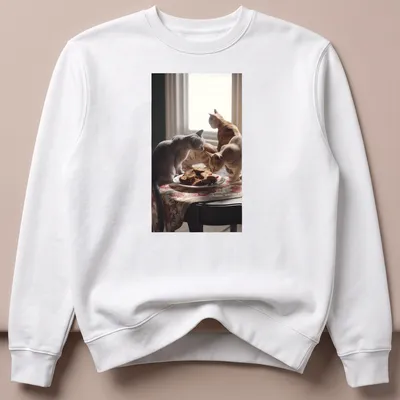 Realistic print of curious cats around a plate of cat-shaped cookies — printed on a unisex sweatshirt