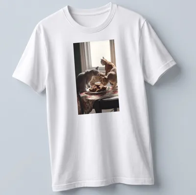 Realistic print of curious cats around a plate of cat-shaped cookies