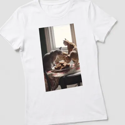 Realistic print of curious cats around a plate of cat-shaped cookies — printed on a women's shirt