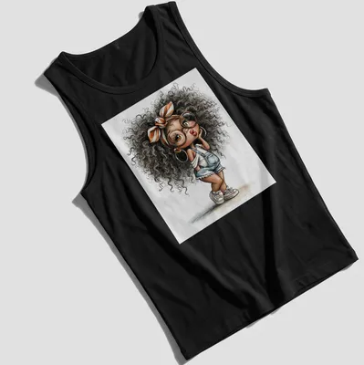 Watercolor illustration of a cute Afro girl in denim overalls — printed on a tank top