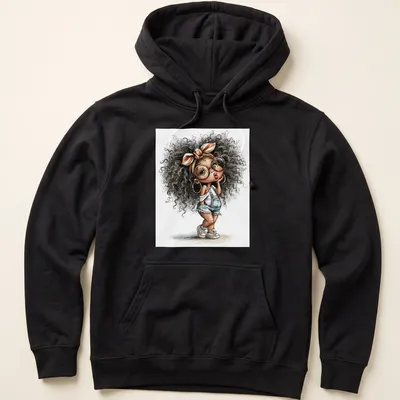 Watercolor illustration of a cute Afro girl in denim overalls — printed on a unisex hoodie