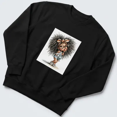 Watercolor illustration of a cute Afro girl in denim overalls — printed on a unisex sweatshirt