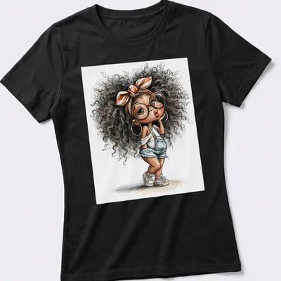 Watercolor illustration of a cute Afro girl in denim overalls — printed on a women's shirt
