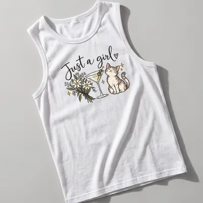 Kawaii line-art of a cute cat with a martini and text below it reading 'Just a girl' — printed on a tank top