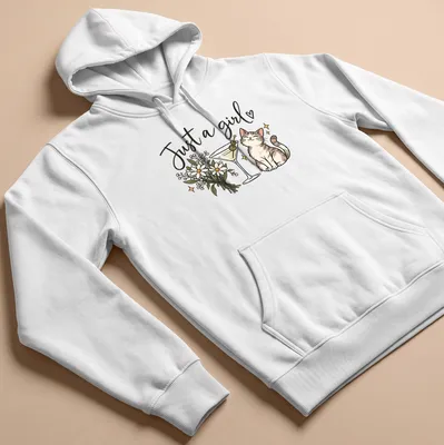 Kawaii line-art of a cute cat with a martini and text below it reading 'Just a girl' — printed on a unisex hoodie