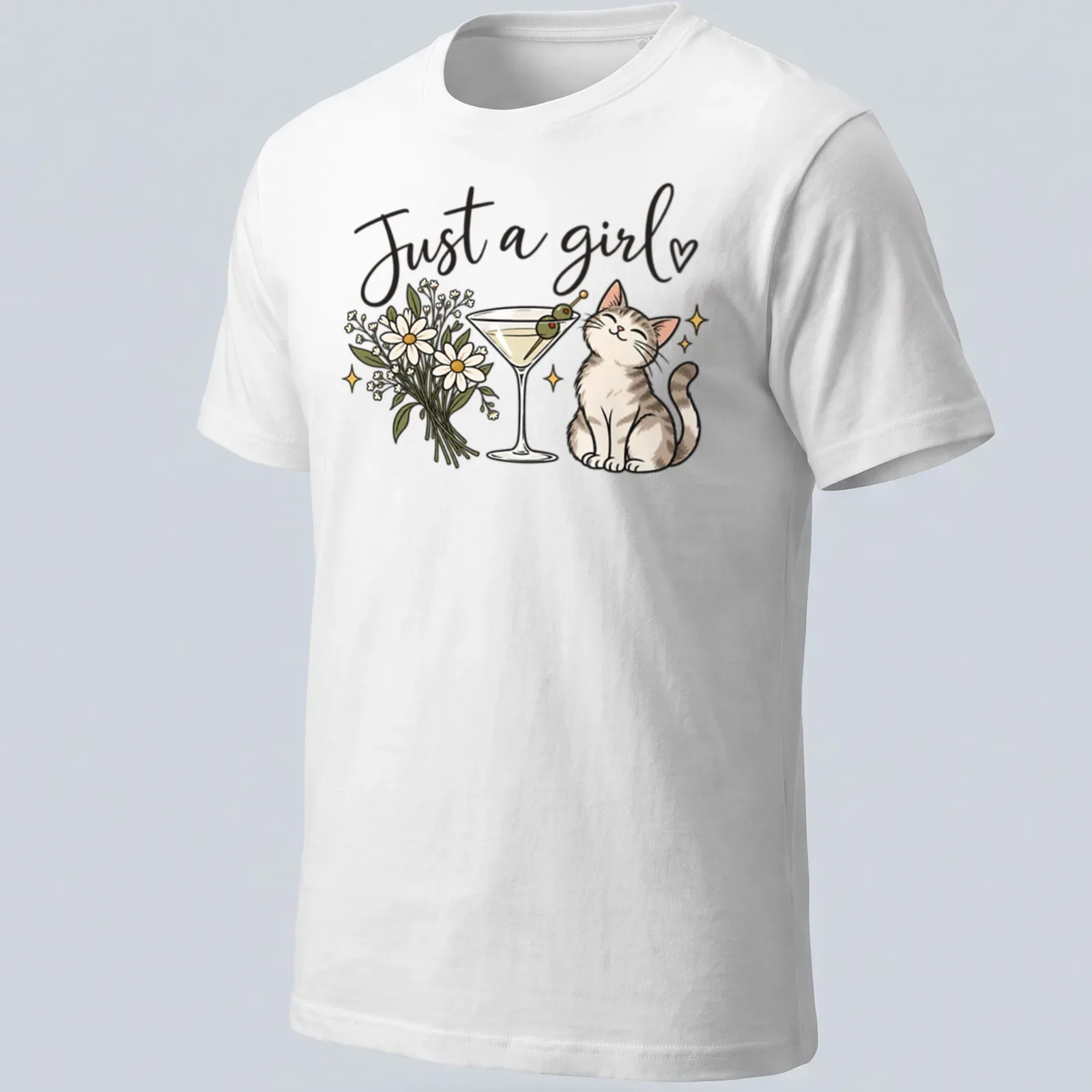 Kawaii line-art of a cute cat with a martini and text below it reading 'Just a girl' — printed on a unisex t-shirt