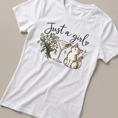 Kawaii line-art of a cute cat with a martini and text below it reading 'Just a girl' — printed on a women's shirt