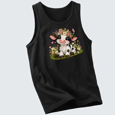 Kawaii-style t-shirt featuring a cute cow with a floral crown and butterfly among wildflowers — printed on a tank top