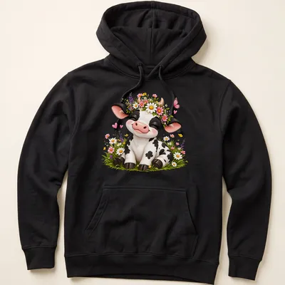 Kawaii-style t-shirt featuring a cute cow with a floral crown and butterfly among wildflowers — printed on a unisex hoodie