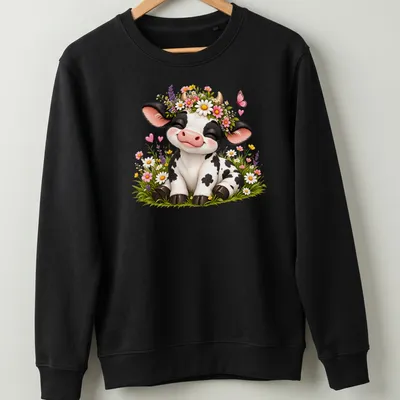 Kawaii-style t-shirt featuring a cute cow with a floral crown and butterfly among wildflowers — printed on a unisex sweatshirt