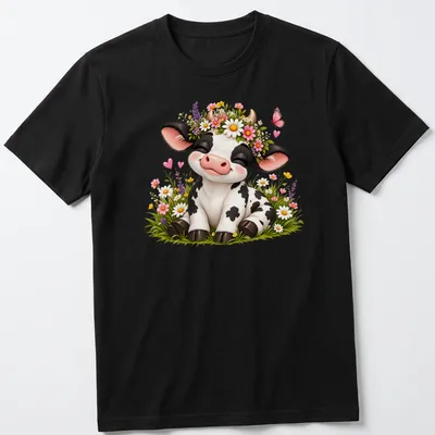 Kawaii-style t-shirt featuring a cute cow with a floral crown and butterfly among wildflowers
