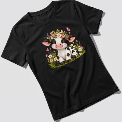 Kawaii-style t-shirt featuring a cute cow with a floral crown and butterfly among wildflowers — printed on a women's shirt